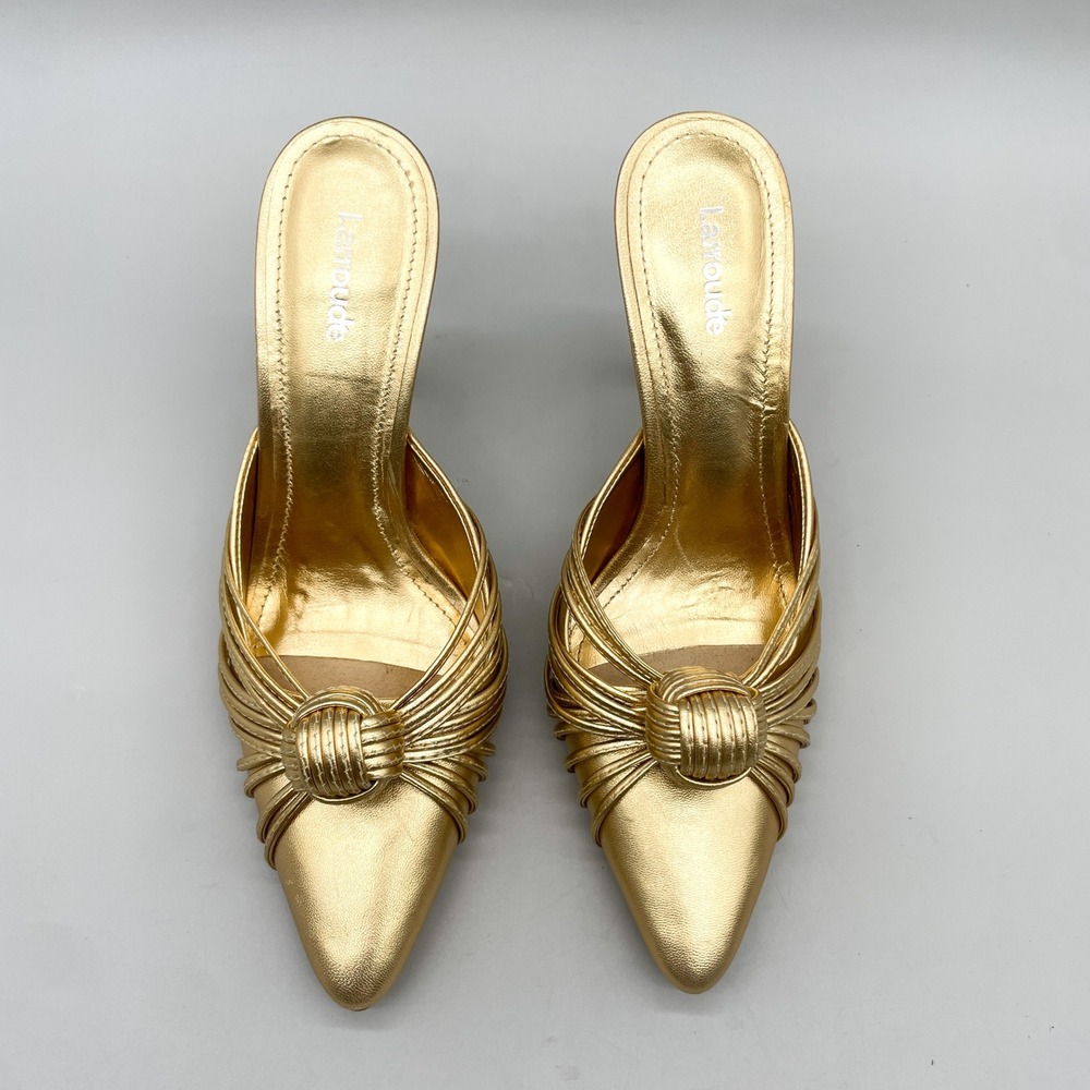 Larroude Womens 7 Valerie Mule Knotted Heels Gold Metallic Leather Glam Wedding